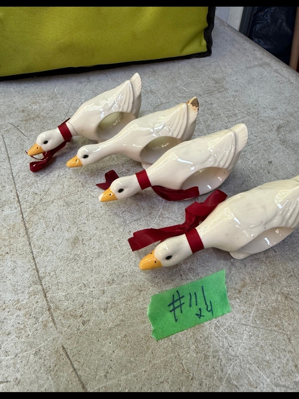 Ceramic Goose Napkin Rings with Red Ribbon - Set of 4 One Was Repaired.